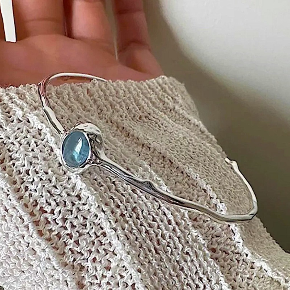 Sterling Silver Aquamarine Bangle Bracelet, Cuff, Blue Topaz, Minimalist - Picture 6 of 7